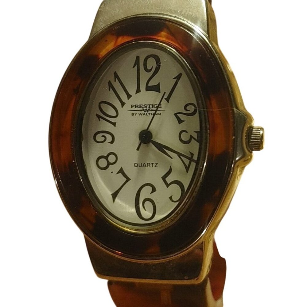 Watch Cuff Prestige Waltham Quartz Vintage Tortoiseshell  Stainless Steel Back